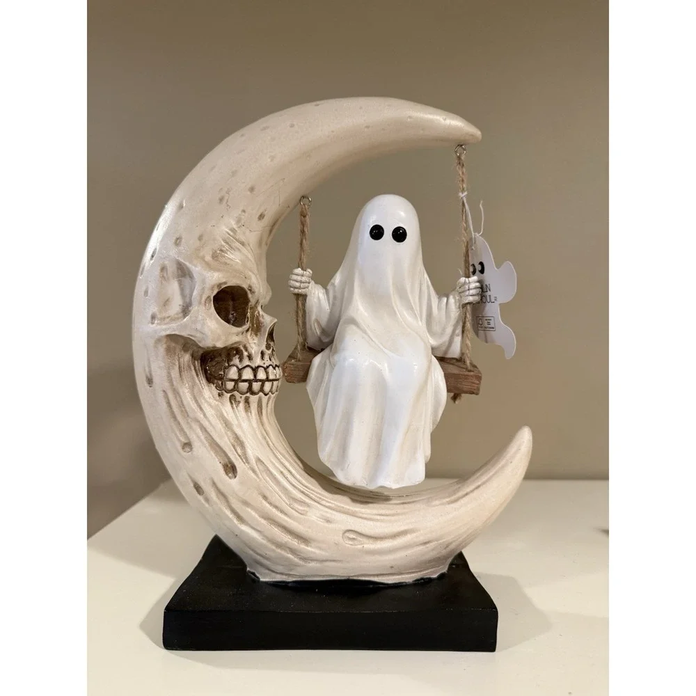New GOBLIN & GHOUL Ghost On Moon Swing 11.5 Viral Halloween 2026 Tabletop Decor